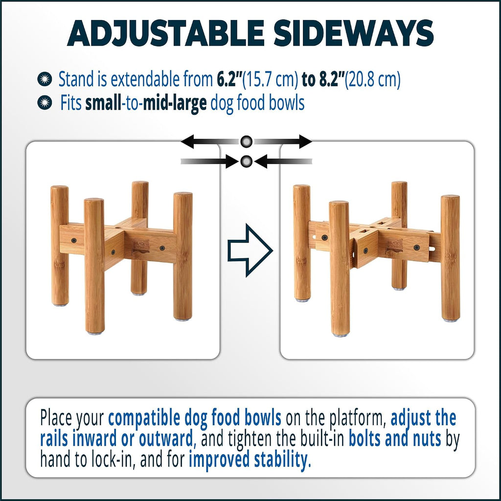Dog Bowl Stand for Small-to-Medium Dogs - Adjustable | Use to Elevate Raise Dog Food, Water and Slow Feeder Bowls, Lock-Bolts and Tool Added, Foot-Padded, Bamboo Stand Only 