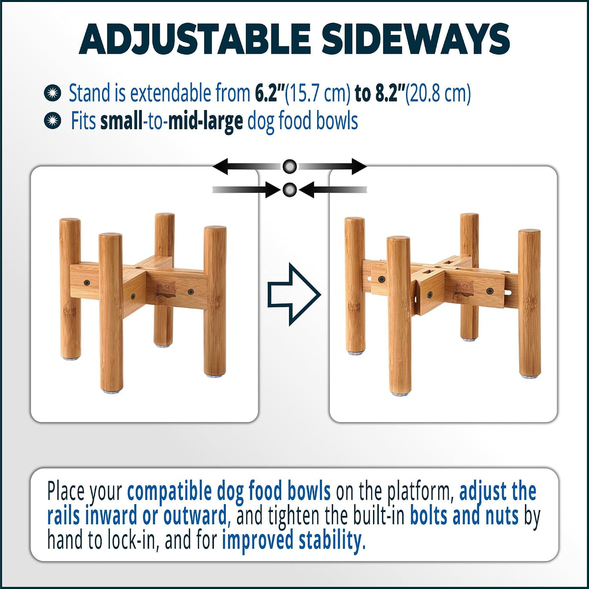 Dog Bowl Stand for Small-to-Medium Dogs - Adjustable | Use to Elevate Raise Dog Food, Water and Slow Feeder Bowls, Lock-Bolts and Tool Added, Foot-Padded, Bamboo Stand Only 