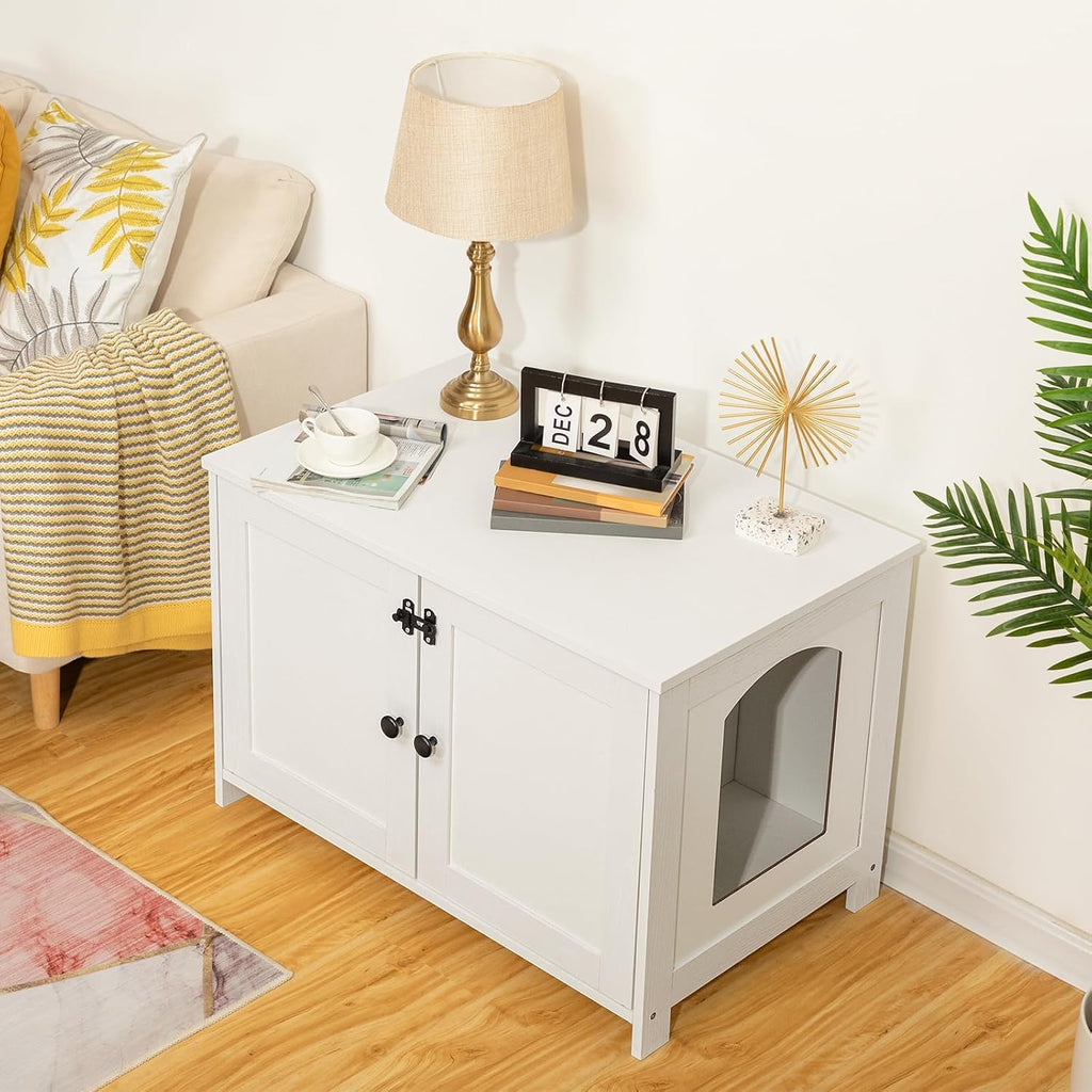 HOOBRO Litter Box Enclosure, Cat Litter Box Furniture with Removable Divider, Large Hidden Litter Box Furniture, Wooden Cat House, End Side Table, 31" L x 17.5" W x 19.7" H, White WT03MW01G2