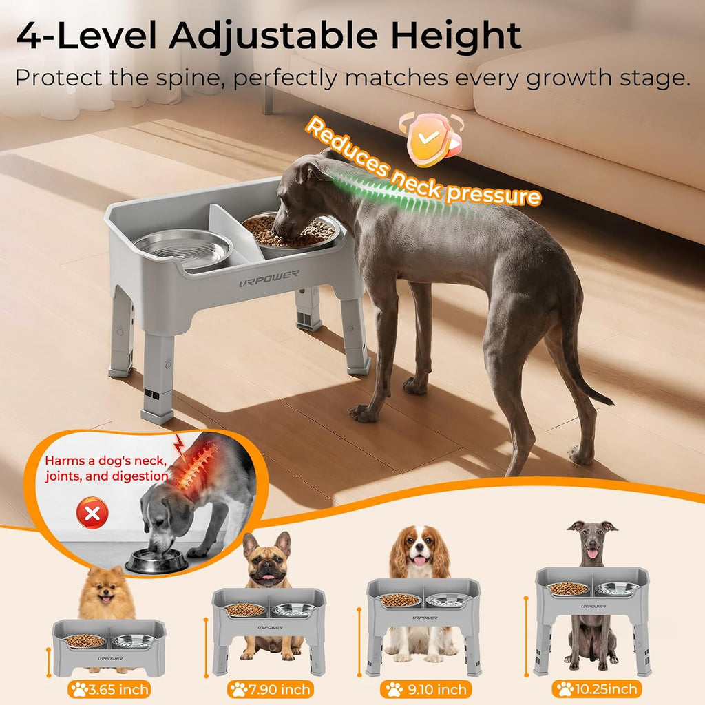 URPOWER Mess Proof Elevated Dog Bowls, Splash Guard Raised Bowl Stand | 4 Adjustable Heights, 2 Stainless Steel Bowls, Food & Water Separation, Non-Slip Base, Foldable Design for Small Dogs 