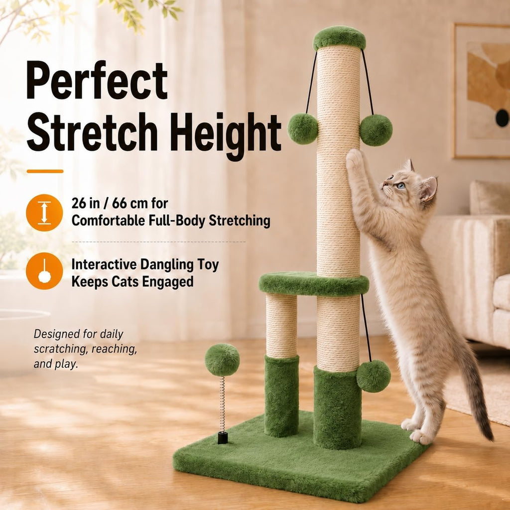 Dimaka Tall Cat Scratching Post, Double Lower Posts Extra Stable Cat Post Tree Scratcher with Sisal Rope and Teasing 4 Balls Total Large Base (Green)