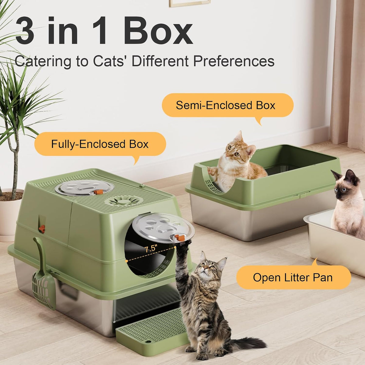 Stainless Steel Litter Box with Lid, XL Extra Large Litter Box, Enclosed Top Entry Metal Litterbox for Big Cat, Easy Cleaning, Anti-Leakage & High Sided with Mat, Aisle & Scoop, Green