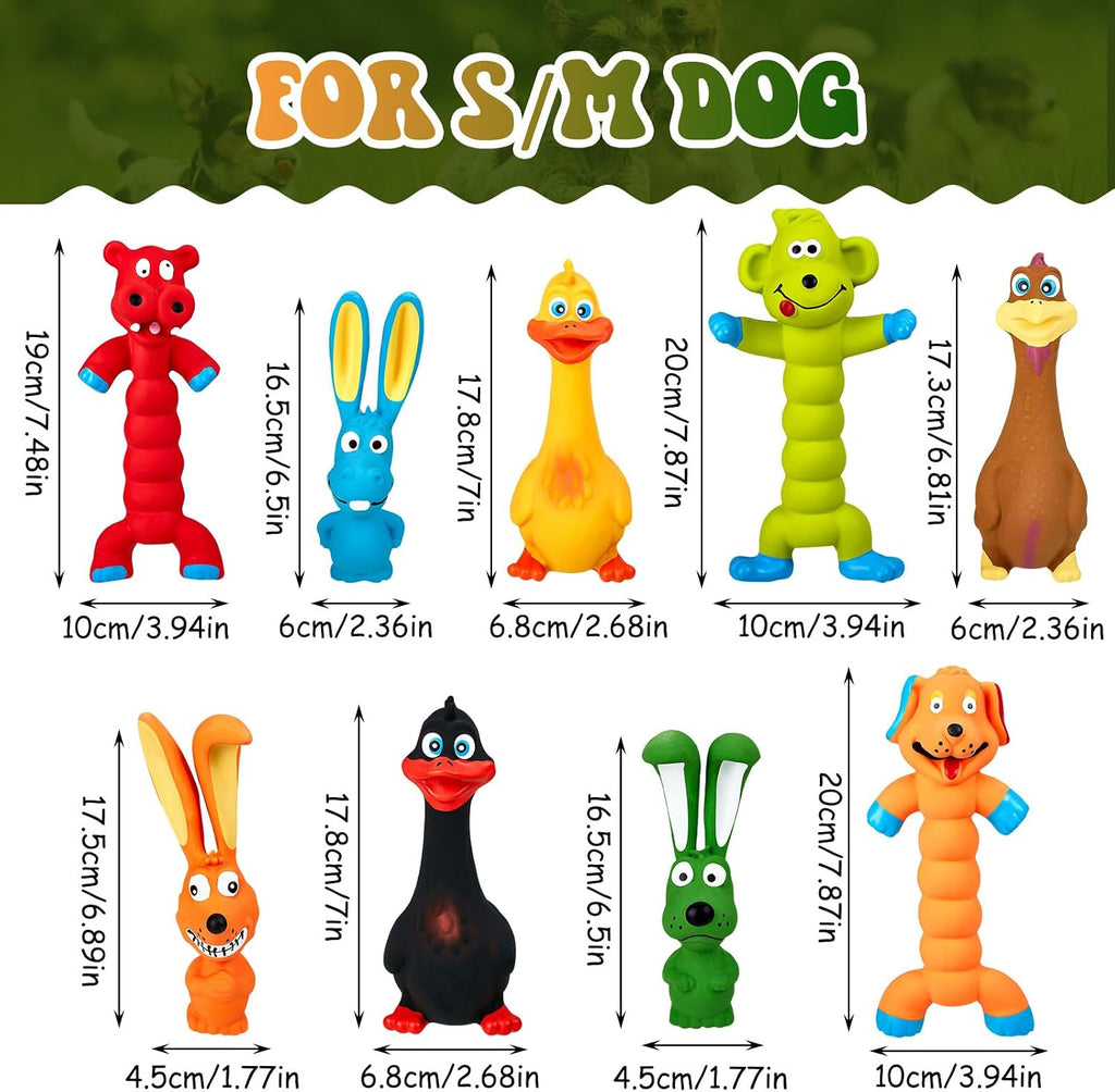 Wettarn 9 Pcs Latex Squeaky Dog Toys 7 Inch Soft Rubber Dog Chew Toy Animal Standing Stick Puppy Fetch Interactive Play Assorted Animal Accessories Gift for Small Medium Large Pet Christmas(Classic)
