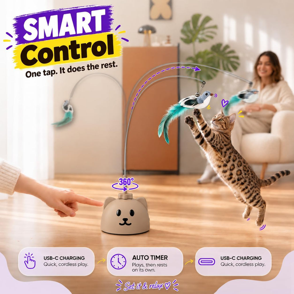 Interactive Cat Toys for Indoor Cats: Automatic Flying Bird Cat Toy with 360° Feather Wand, Strong 8cm Suction Cup, USB Rechargeable Self-Play Cat Toy for Bored Kittens & Adult Cats