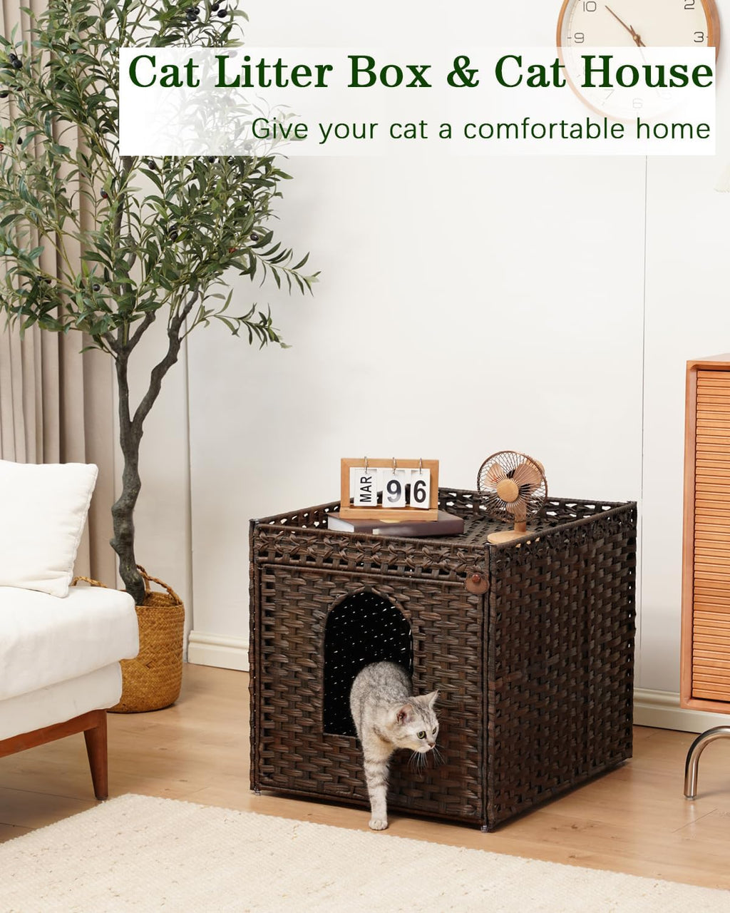 SETVSON Cat Litter Box Enclosure, Large PE Rattan Side Table, Brown