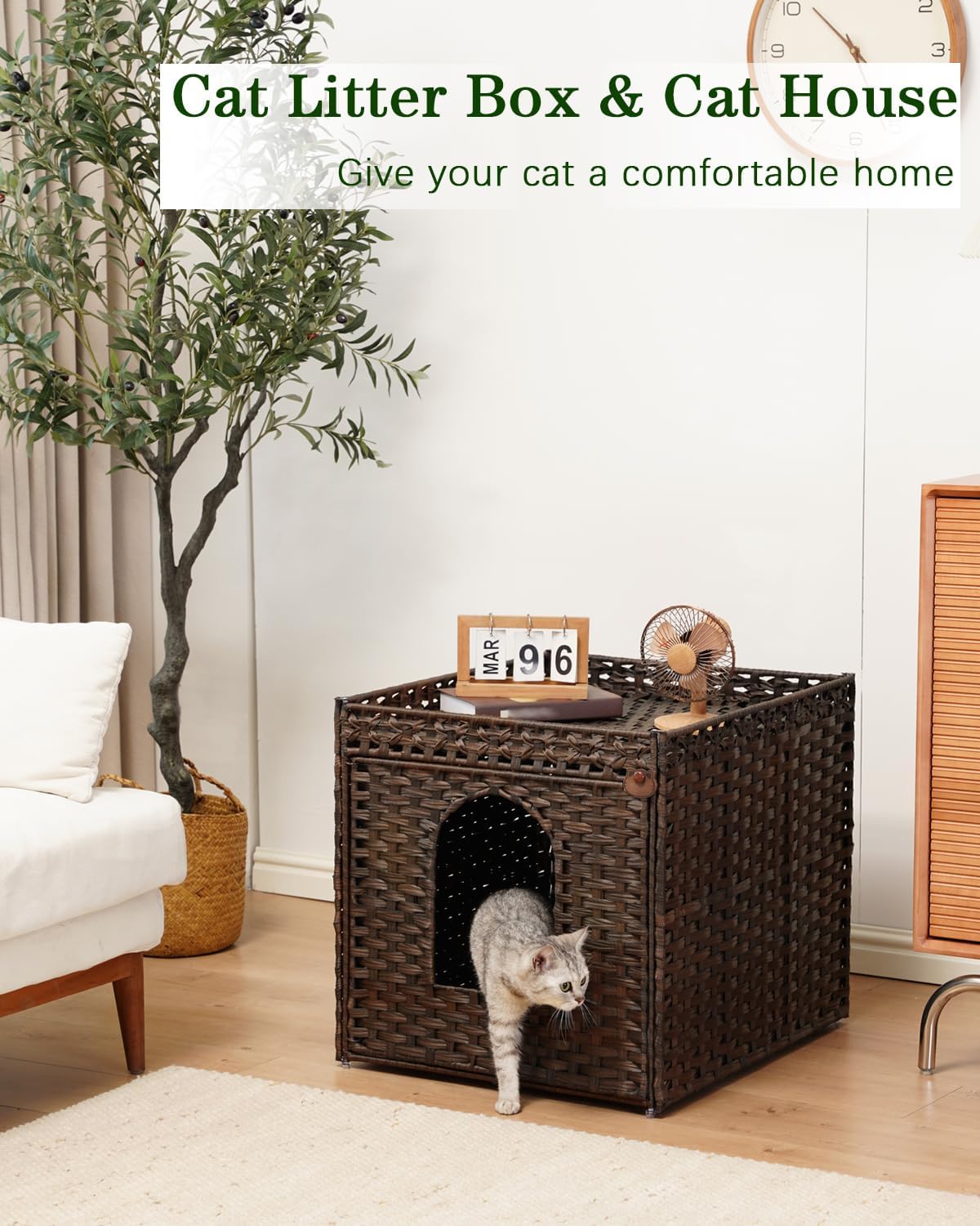 SETVSON Cat Litter Box Enclosure, Large PE Rattan Side Table, Brown