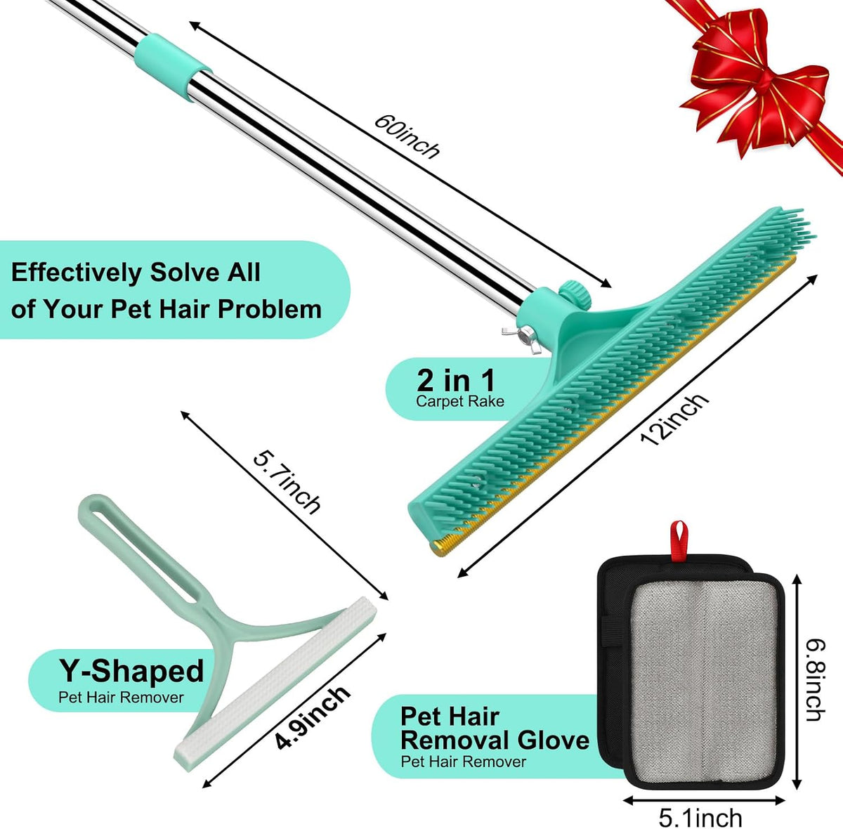 Carpet Rake for Pet Hair Removal - 60" Adjustable Long Handle Carpet Rake