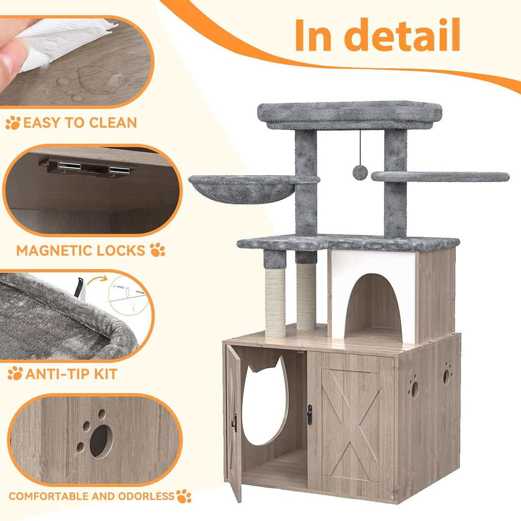 HavenlyYouth Litter Box Enclosure with Cat Tree,Cat Tree with Litter Box Enclosure,Hidden Pet Washroom Furniture with Sisal Scratching Post,Hammocks,Condo,Multiple Platform,Soft Plush Perch, Grey