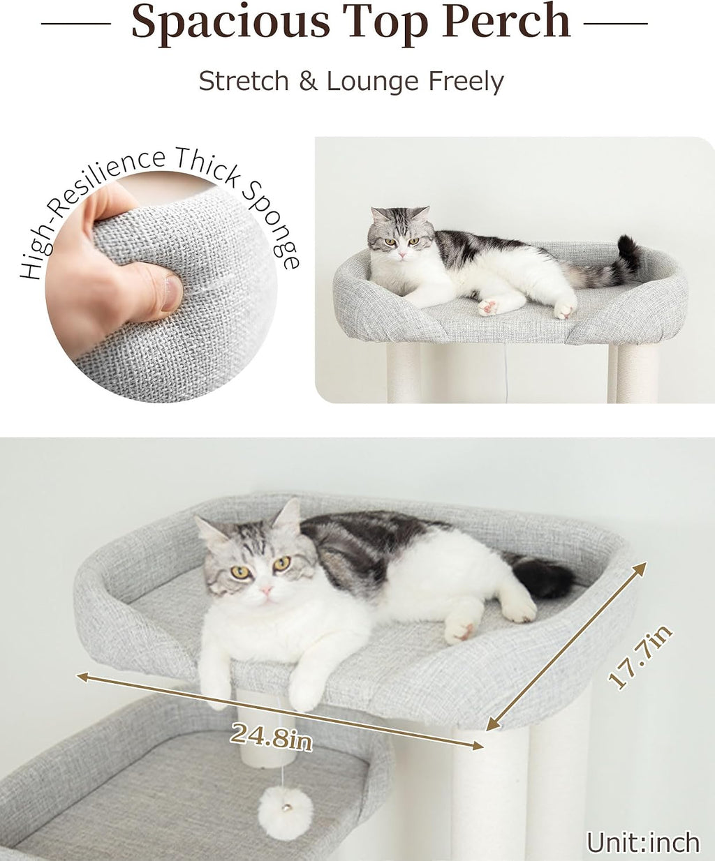 53" Cat Tree Tower for Large Cats, Large Perch & Sisal Board