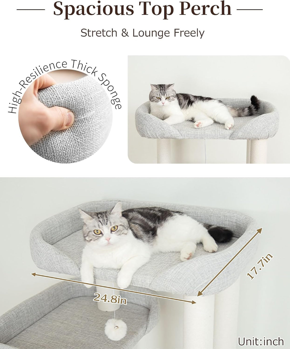 53" Cat Tree Tower for Large Cats, Large Perch & Sisal Board