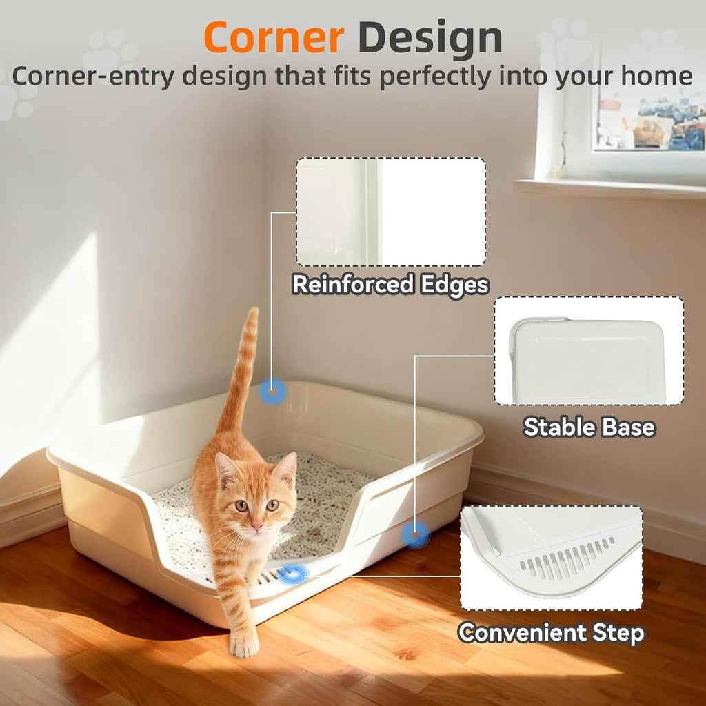 Extra Large Litter Box with Low Entry,Jumbo Cat Litter Box for Kitty and Senior Cats,Cat Box for Indoor Cats,Open Top Corner Litter Pan,Easy to Clean,23.6" L x 15.7" W x 5.9" H (White)