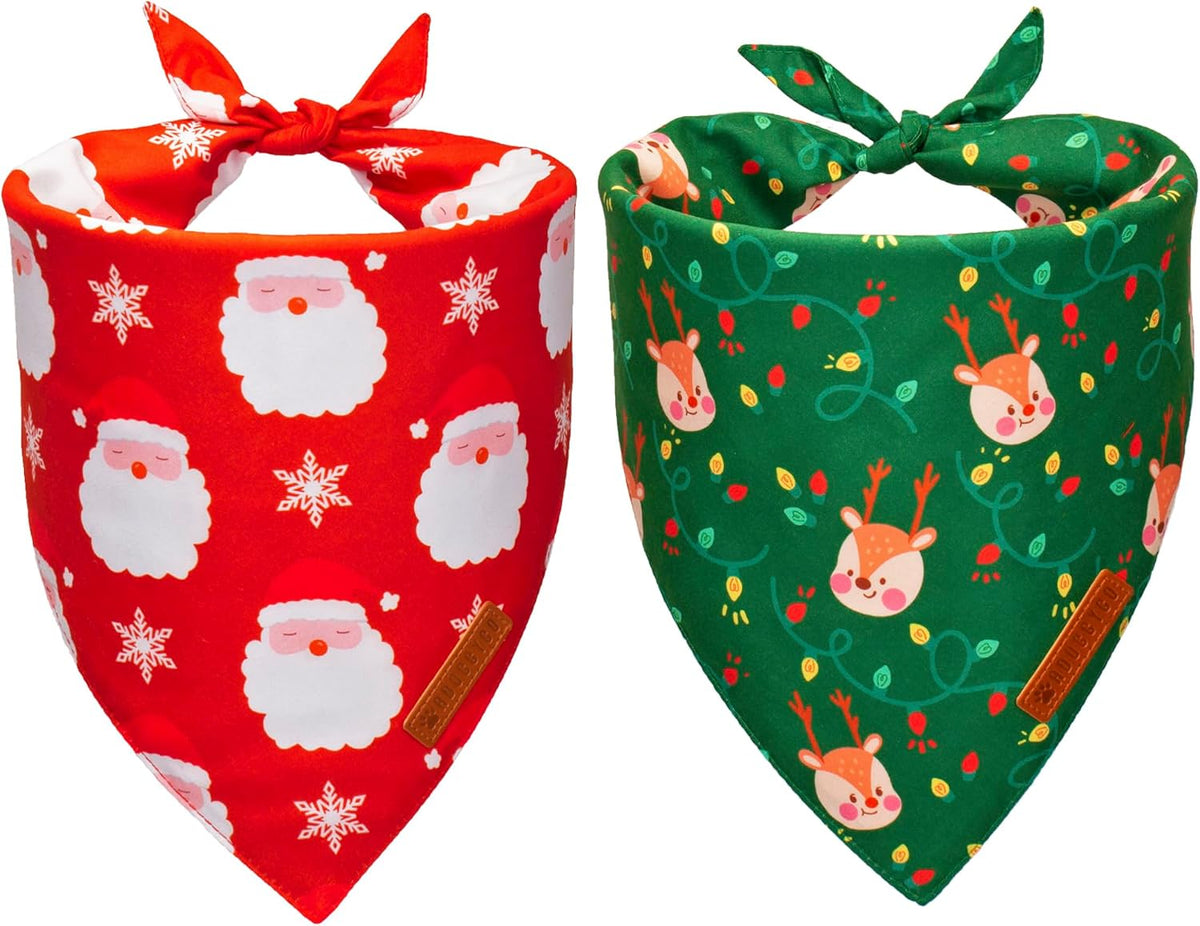 ADOGGYGO Christmas Dog Bandanas 2 Pack, Santa Deer Pattern Pet Xmas Scarf Bib, Premium Durable Fabric, Pet Christmas Bandanas for Large and Extra Large Dogs (X-Large)