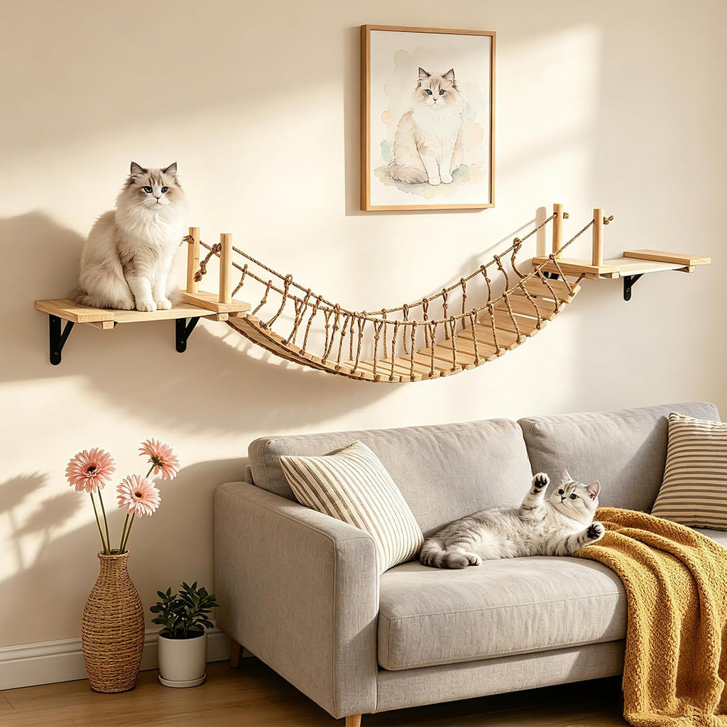 Cat Wall Shelves, Wall Mounted Cat Climber Set, 70" Cat Bridge Hammock Tree with Mounted Perch & Cloud Shelf for Cats Climb, Jump (H01)