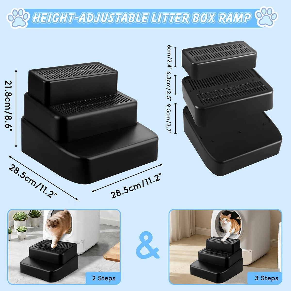3 Step Litter Box Ramp Adjustable Detachable Litter Box Step, Black
