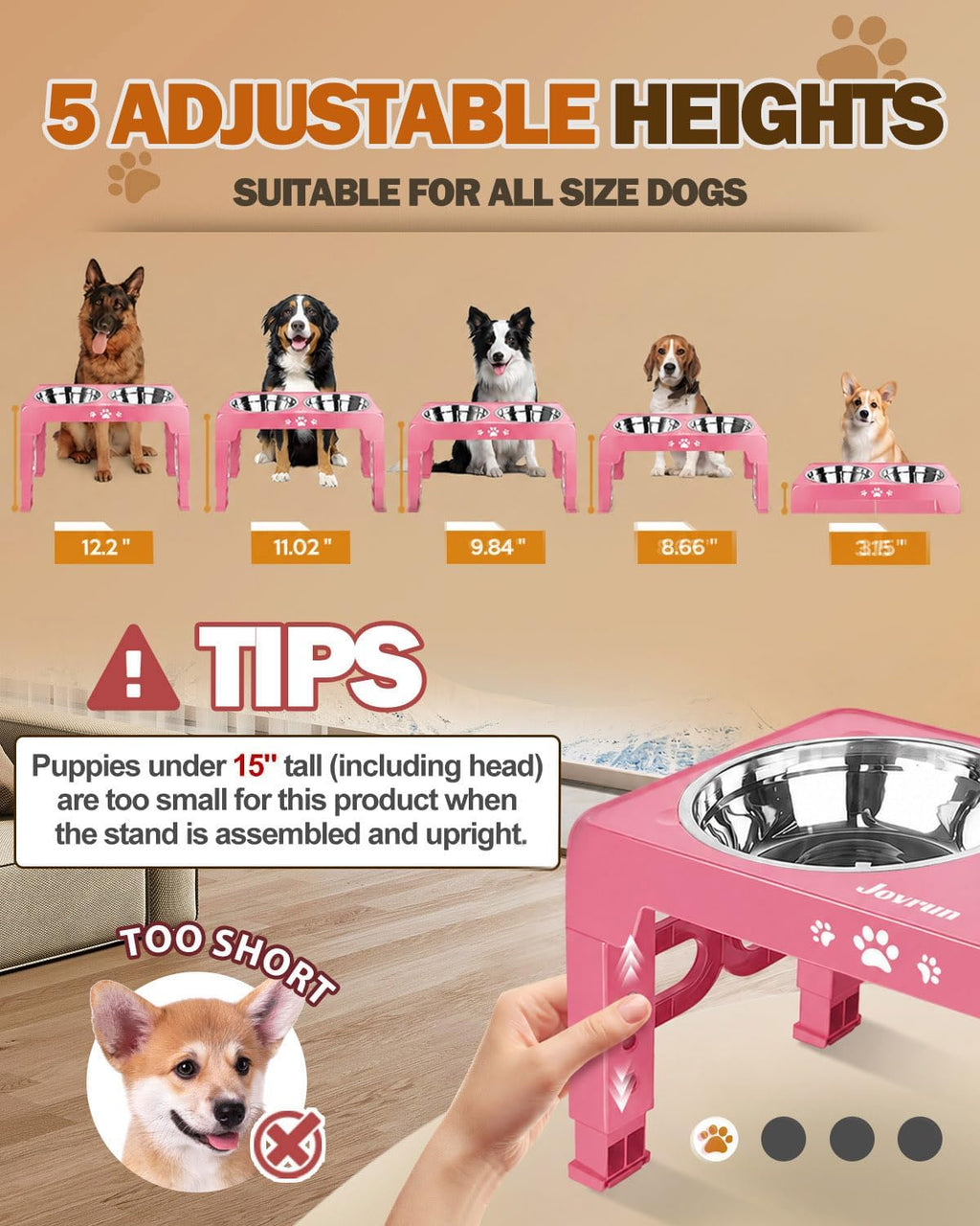 Jovrun Elevated Dog Bowls for Medium Large Size Dogs, Non-Slip Dog Feeder with 2 Stainless Steel Dishes, 5 Heights Adjustable Raised Bowls to 3.15″-8.66″-9.84″-11.02″-12.2″