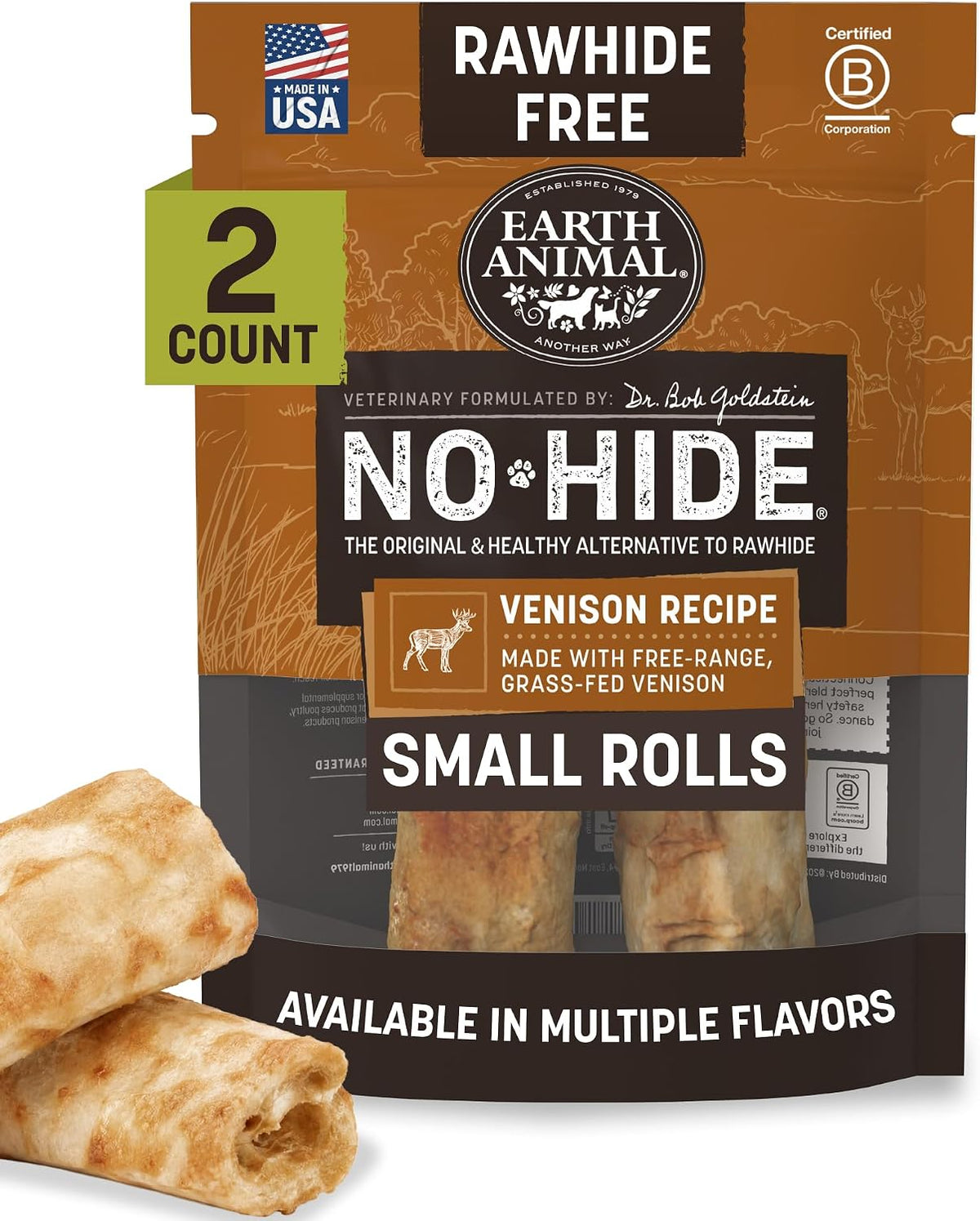 Earth Animal No Hide Dog Chews - Rawhide Free Small Rolls 2 Count Venison