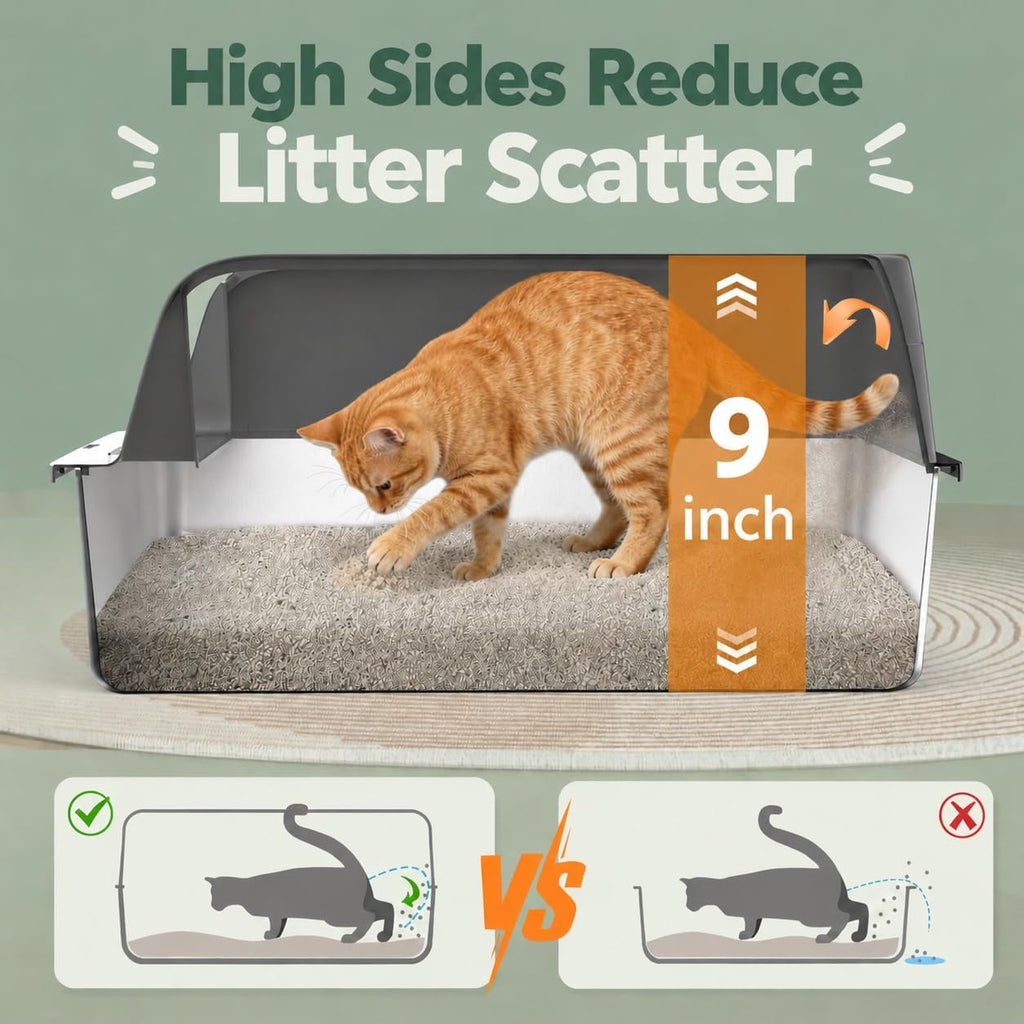 FURTIME Stainless Steel Litter Box with Lid, High Sided Metal Litter Box