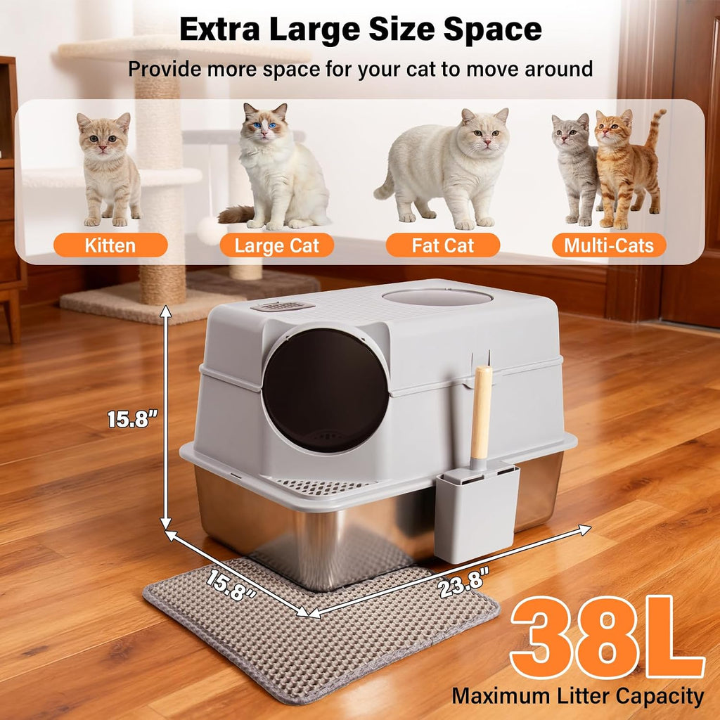 Stainless Steel Litter Box with Lid,Extra Large Enclosed cat Litter Box | Enclosed Metal litterbox with Flip Top,Front and Top Entry,Anti-Leakage,Easy Cleaning,Includes Scoop & Mat
