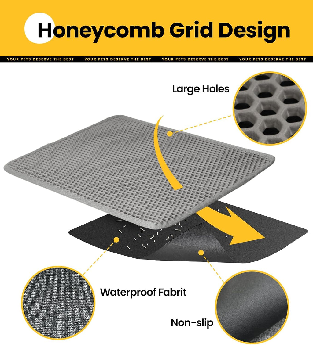 Conlun Cat Litter Trapping Mat for Small Spaces, 23.6"x14.6" Space-Saving Litter Box Floor Mat, Hexagon Grids & Anti-Leak Base, Machine Washable, Non-Slip Kitty Matt for Apartment, Gray