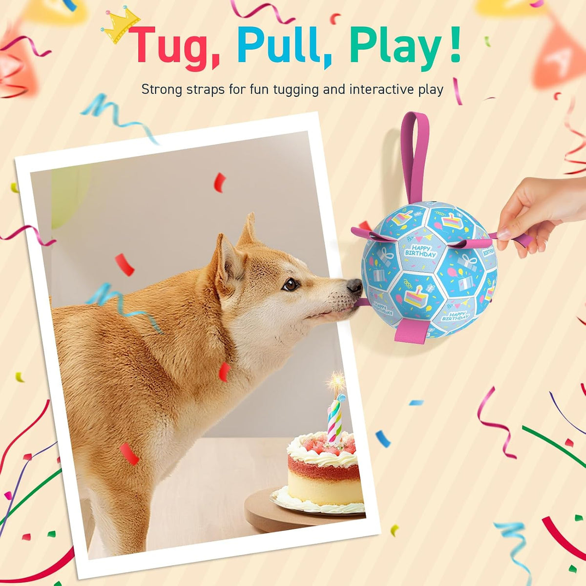QDAN Dog Birthday Toys, Puppy Birthday Gifts, Dog Soccer Ball with Straps | 8 Inch Outdoor Herding Balls for 30-90 lbs Dogs, Interactive Training Soccer Toy for Tug of War, Dog Ball to Keep Them Busy
