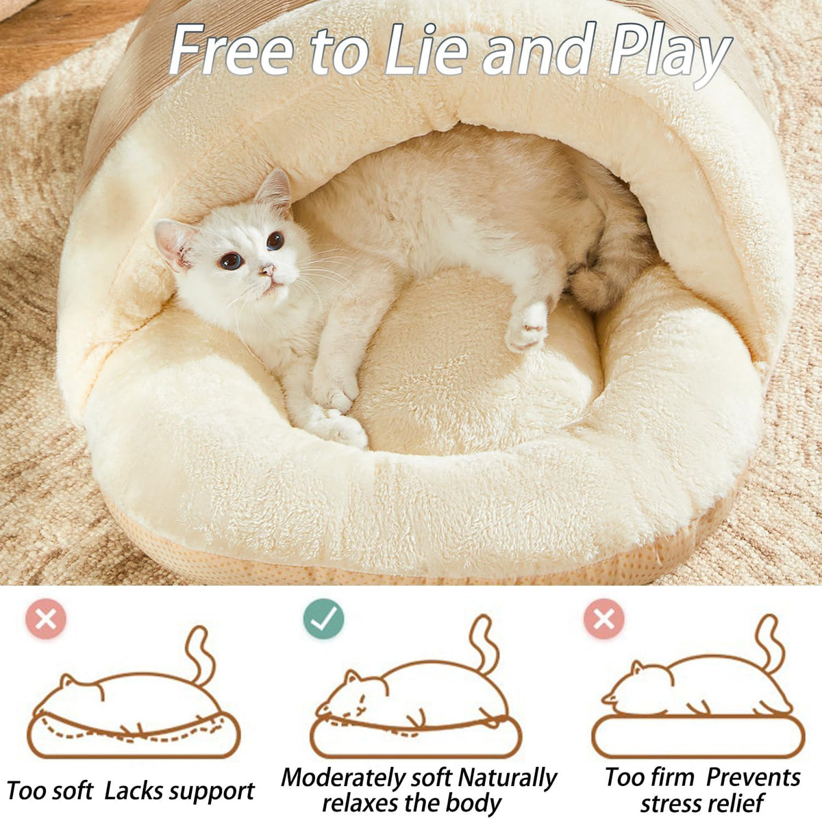 Romaneco Cat Bed - Pet Slipper Cave Bed for Indoor Cats and Small Dogs, Self Warming, Cozy & Soft Plush, Anti-Slip & Durable, Washable for Kittens and Puppies Under 15 lbs (24"x16", M, Light Brown)