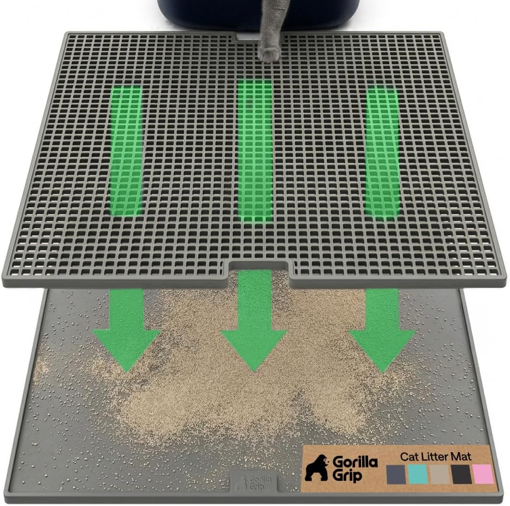 GORILLA GRIP Cat Litter Mat, Dual Layer Silicone Tray, 35x23, Gray