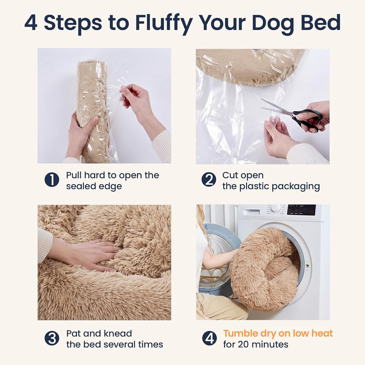 JOLLYVOGUE Calming Dog Beds Extra Large Sized Dog, 45in Donut Washable Large Pet Bed, Anti-Slip & Anti-Anxiety Fluffy Faux Fur Round Dogs Bed, Fits up to 125 lbs Pets (Camel)
