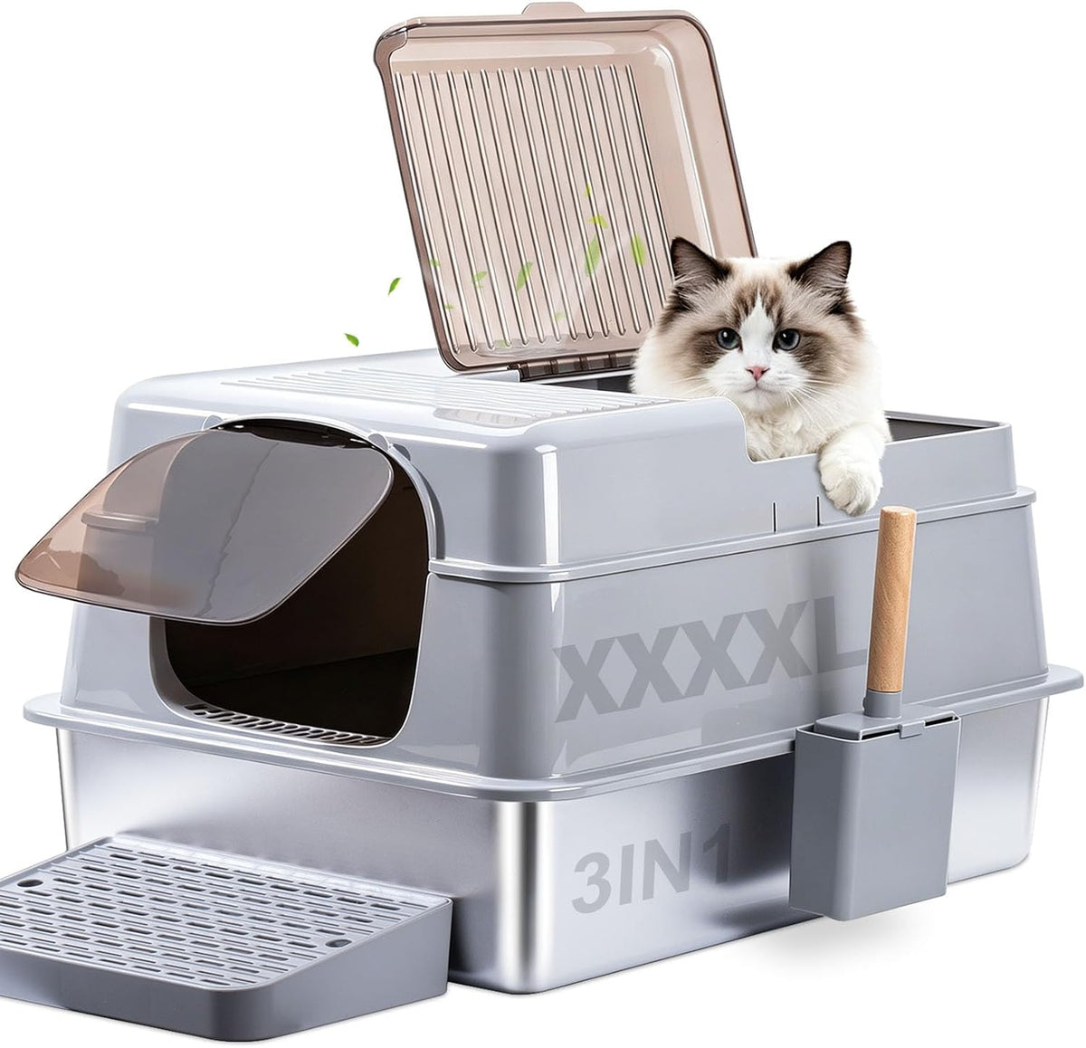 Stainless Steel Litter Box with Lid XXXXL,Metal Cat Litter Box | 3IN1 High Sides Covered for Big/Multiple Cats,Indoor,1-Mat and 1-Scoop,Easy to Clean, No Odor,Anti-Urine Leakage