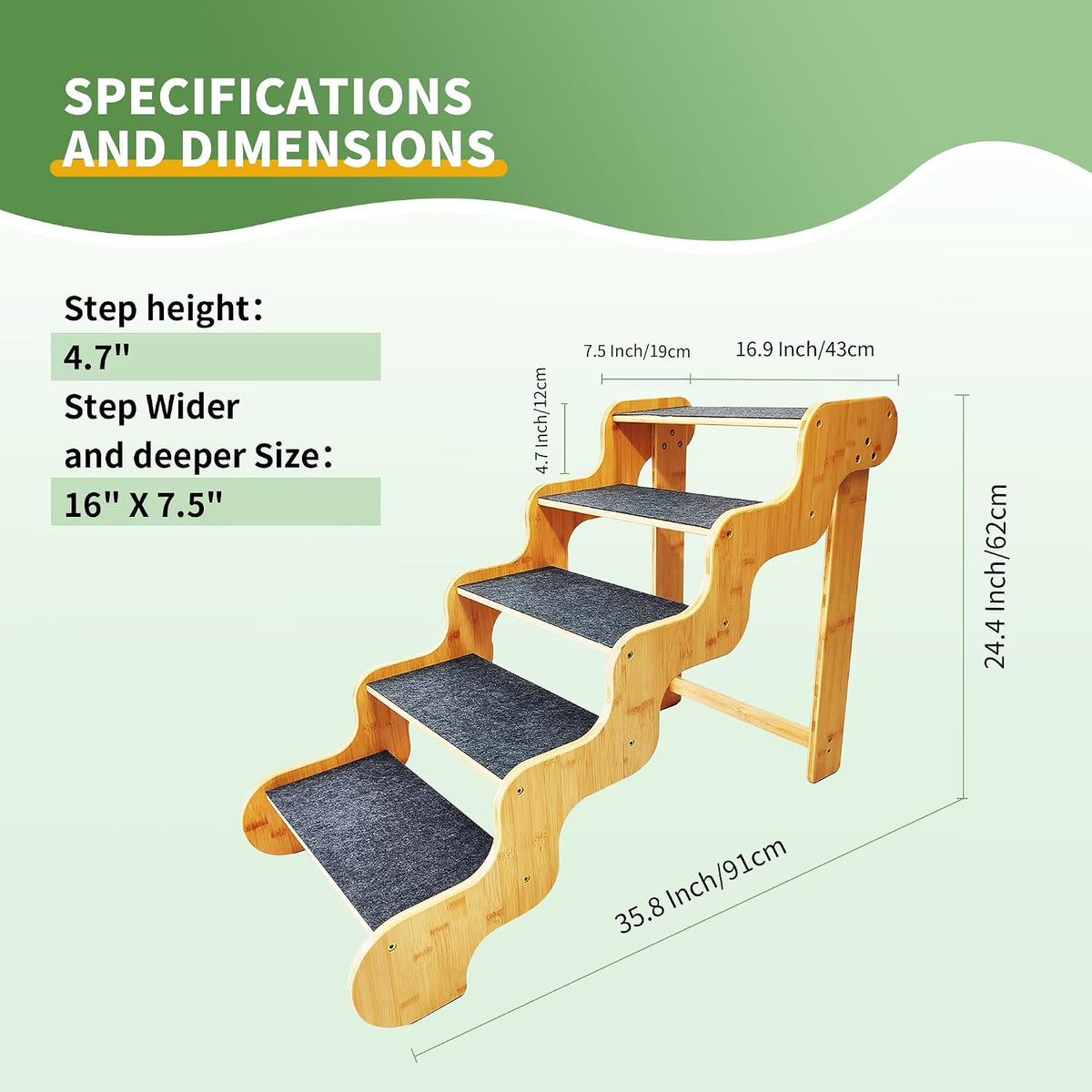 Dog Steps for Bed, 5-Step 24" High,Supports Up to 160 LB