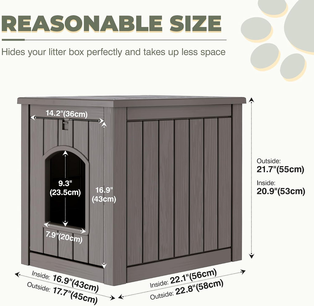Cat Litter Box Enclosure, Enclosed Cat Litter Box Raised Floor, Openable Front Door Outdoor Cat House Weatherproof, Easy to Clean, Grey