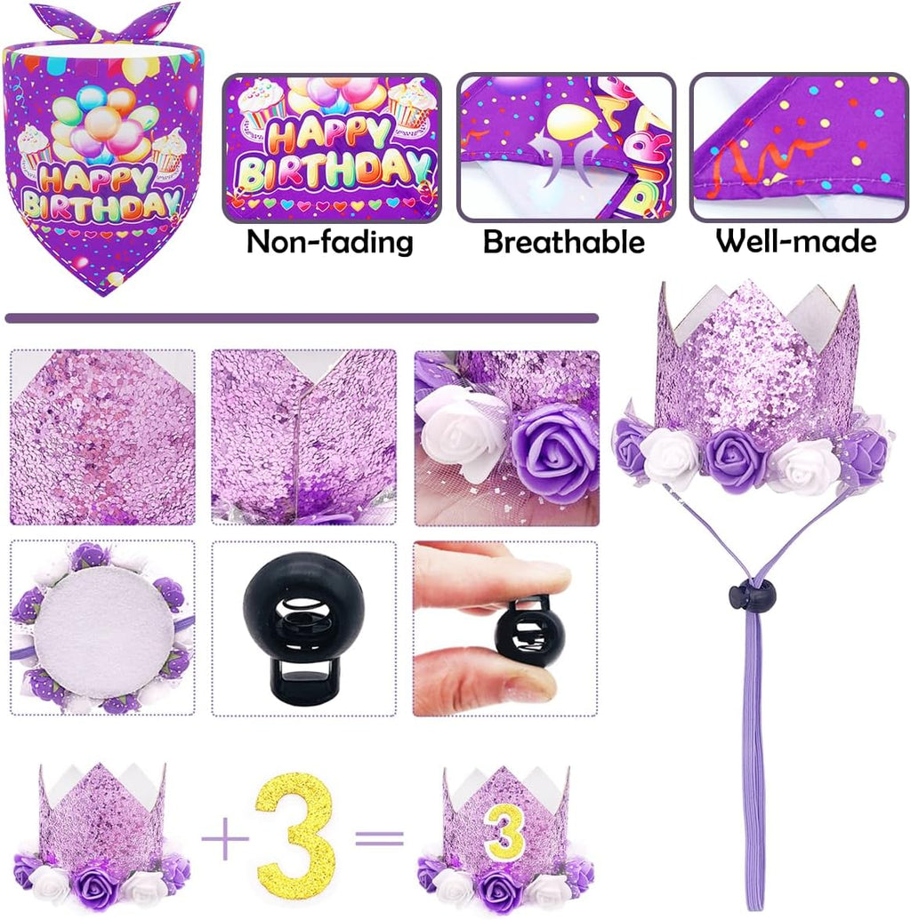 PET SHOW Dog Birthday Party Favors Decorations Purple Crown Hats with Bandana and Collar Bowties Charms Costume Set Puppy Cat Celebration Outfit with 0-9 Figures Banner & Ballons Grooming Accessories