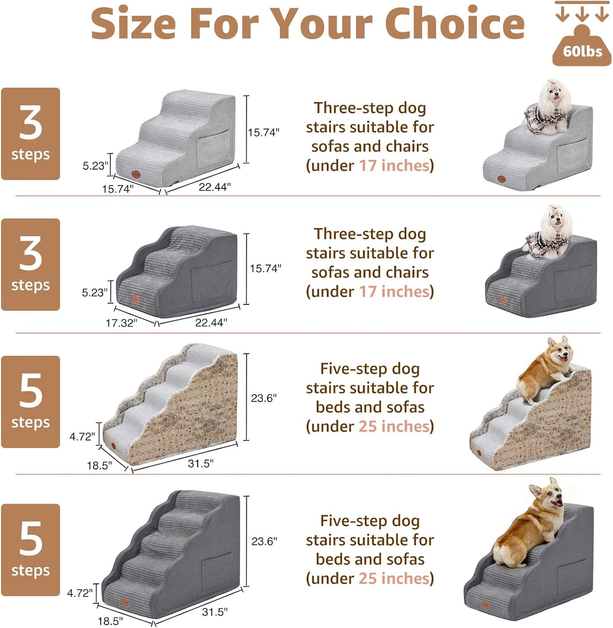 Woochpet 3-Tier Dog Stairs for Beds Foam Ramp Stairs for Couch Light Grey