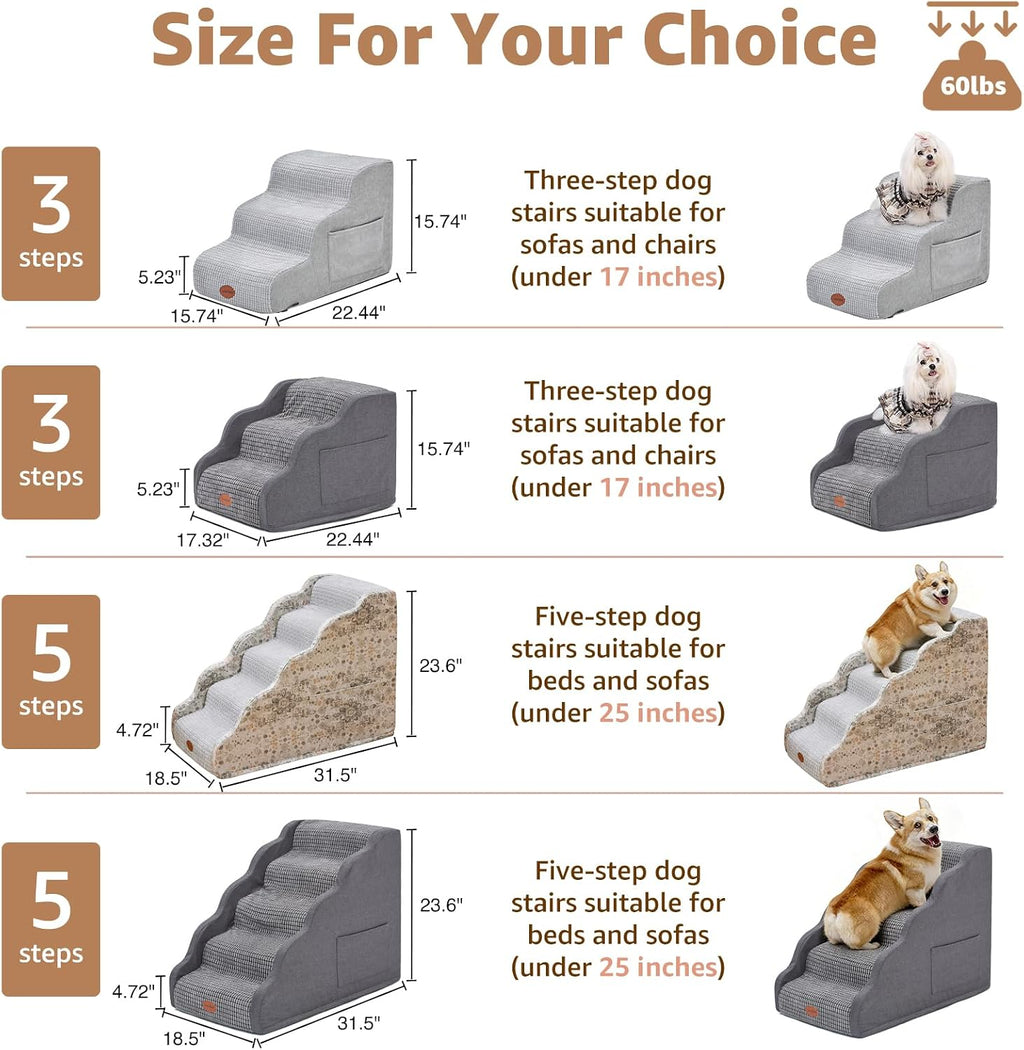 Woochpet 3-Tier Dog Stairs for Beds Foam Ramp Stairs for Couch Dark Grey