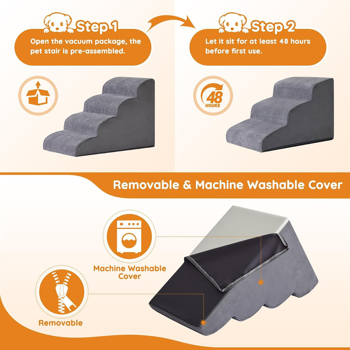 Ahpmeoa Dog Stairs for Small Dogs 11.8" H, Dog Ramp for Bed, 2-Step, Grey