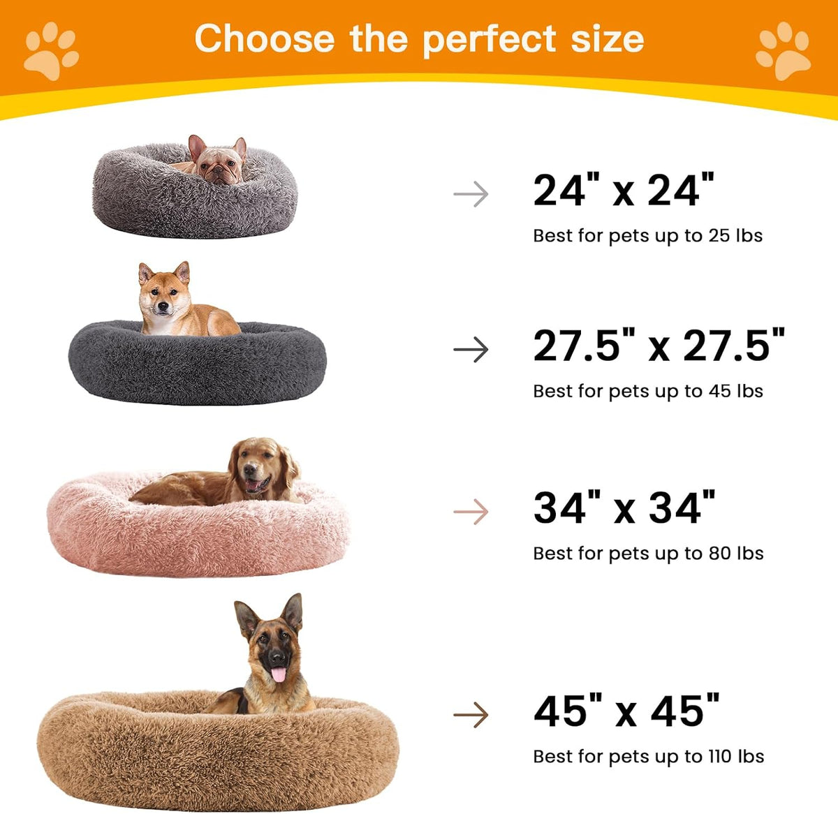 Calming Dog Beds for Large Dogs, Faux Fur Donut Cuddler Dog Bed, Round Fluffy Pillow, Washable Pet Bed for Dogs Up to 80Lbs, 36inch