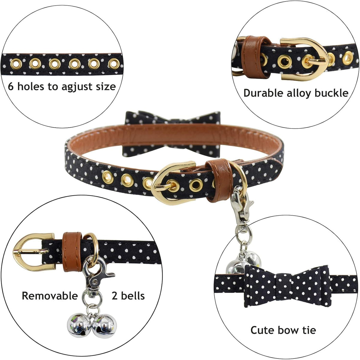 3PCS Bow Tie Dog Collar and Leash Set Plaid/Camo/Dots/Flower Dog Bandanas with Bell 3 Size Adjustable for Small Dogs Puppies and Cats (XS, Black Dots)
