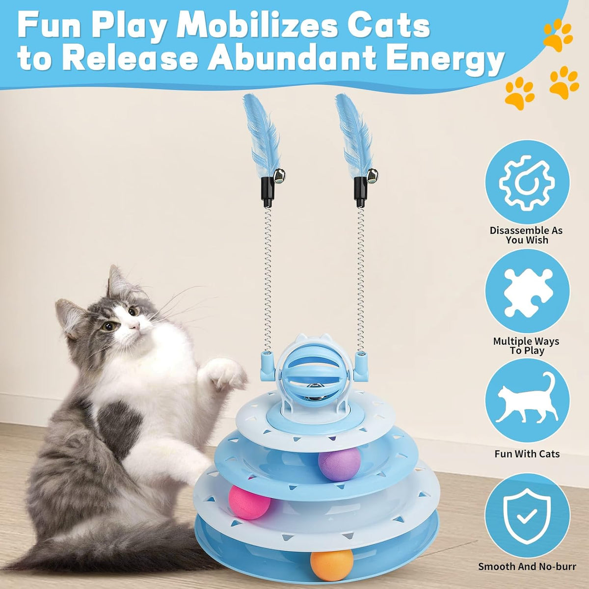 Goosheep Interactive Cat Toys Kitten Puzzle Ball with 2 Cat Teasers (Blue)
