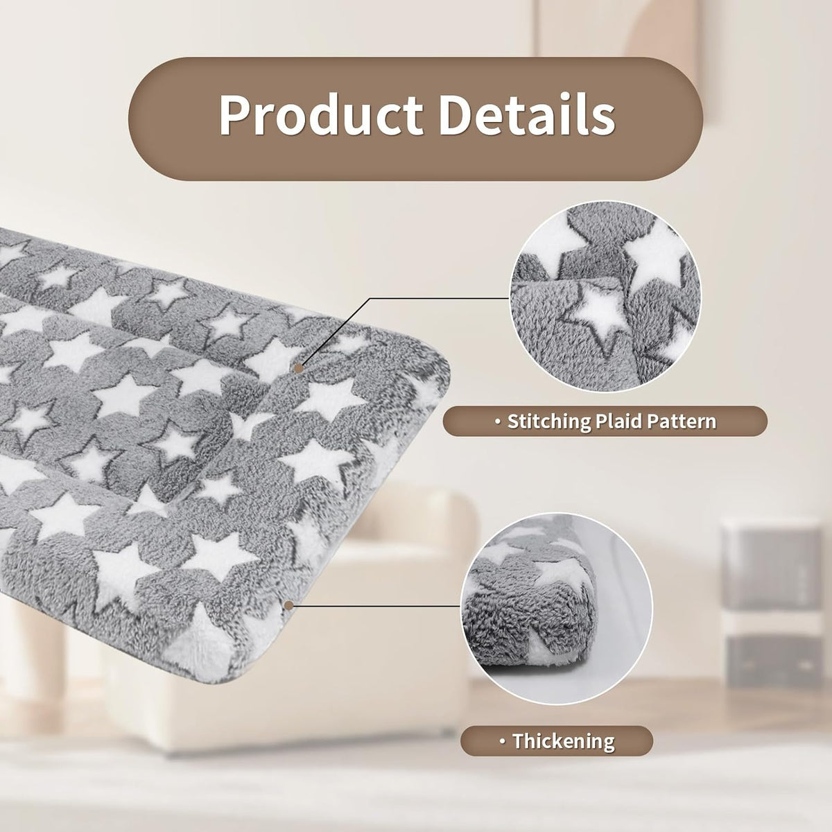 Dog Crate Mats, Dog Bed Mat, Cat Mat - Short Plush Pet Mat Crate Pad for Small Dogs, 1.6-inch Thick Thin Dog Mat, Machine Washable (Grey Star, 36.0" L x 24.0" W x 1.6" Th)