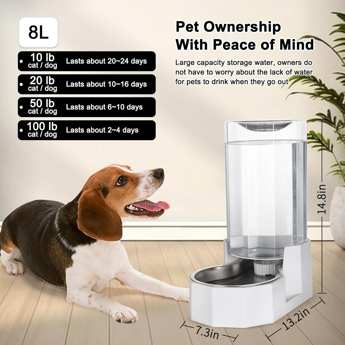 Sfozstra 8L Gravity Dog Water Dispenser:Stainless Steel Bowl