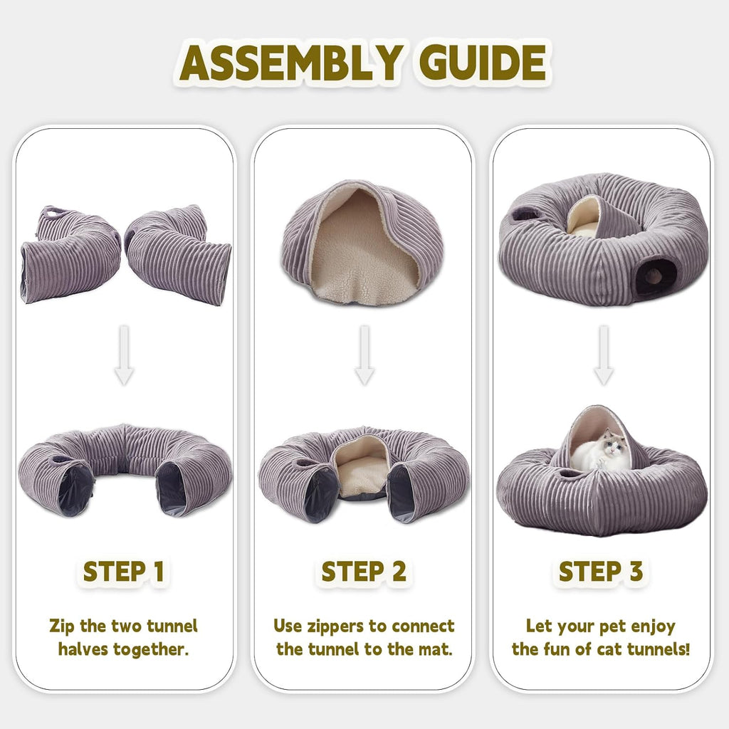 Large Cat Tunnel Bed for Indoor Cats,Cat Donut Tunnel Toy with Washable Circle Cushion,Blackout Tent, Multifunctional Playground Toys Hideplace for Kitty, Kitten, Rabbit,Ferret