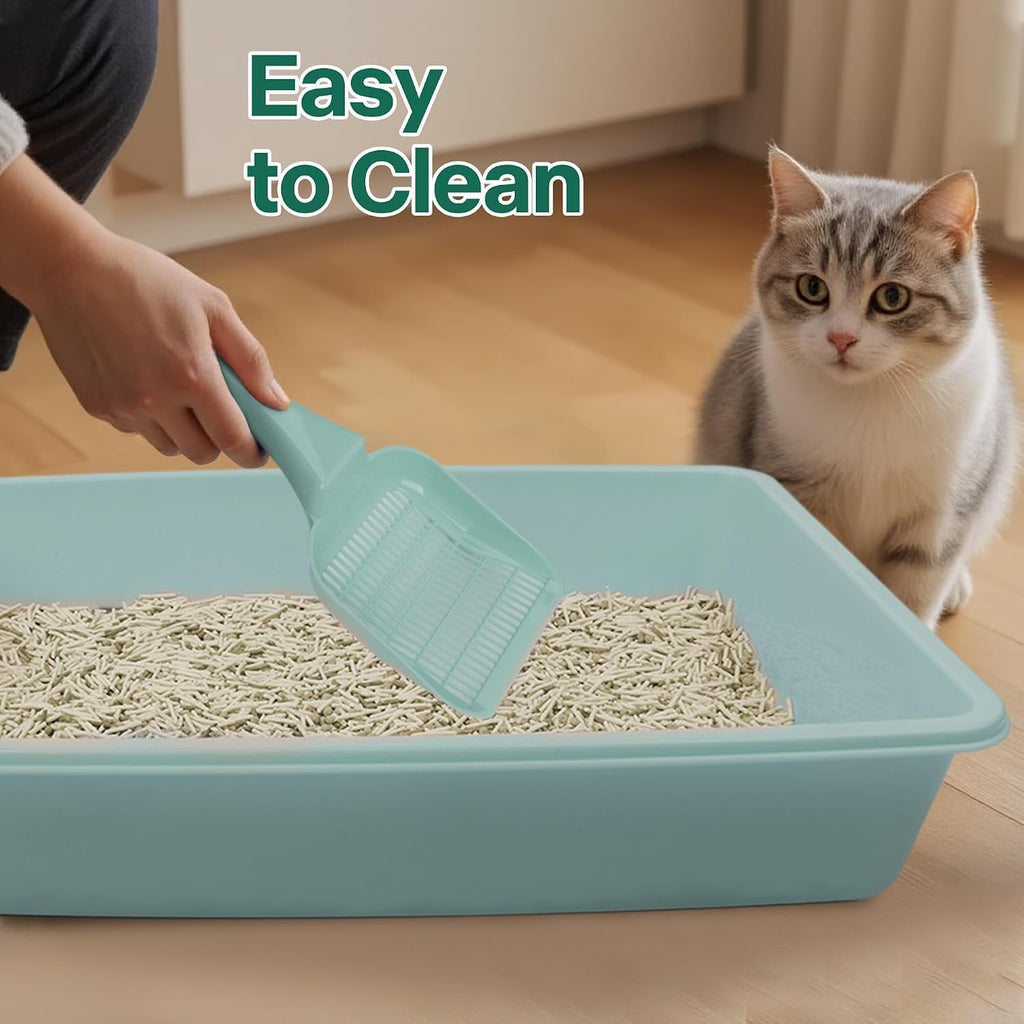 PAWISE Small Cat Litter Box,14.3 x 10.6 x 2.5 Kitten Litter Box Starter Kit,Low Entry,Scoop,Bowls,Cat Mouse Toy and Ball Toy,First Catty Owner Essentials(Green)