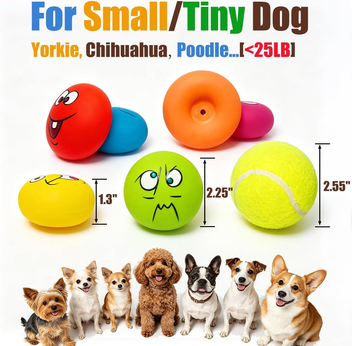 HOLYSTEED Latex Squeaky Dog Toys for Small Dogs, Mini Breed, 2.2" Flat Ball | 2.2"x2.2"x1.3" Flat Squeaky Balls 6pcs, Soft Small Dog Toys Chewing Squeak Toy, Smile Face Fetch Puppy Pet Toy with Squeaker