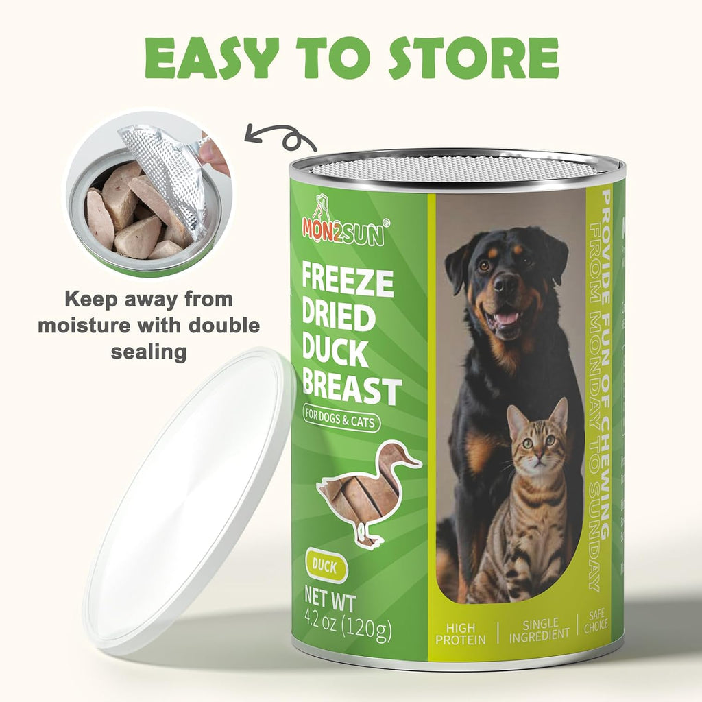 MON2SUN Freeze Dried Dog & Cat Treats, Duck Breast, Whole Pieces, 9.2oz