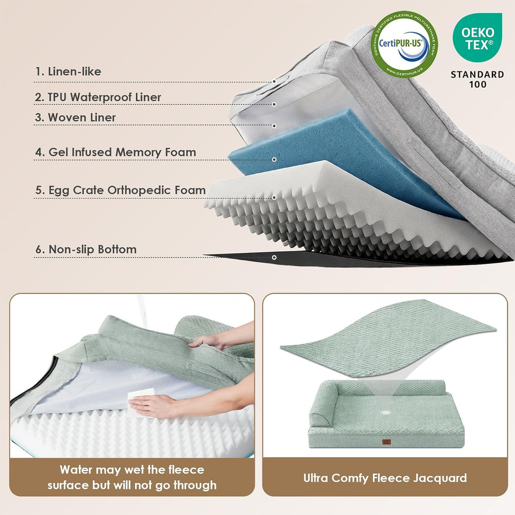 EHEYCIGA Large Dog Bed Memory Foam for Crate, Orthopedic Dog Bed Large Size Dogs with Washable Removable Cover, Waterproof Pet Sofa Couch with Nonskid Bottom, 35x22x6, Greyish Green