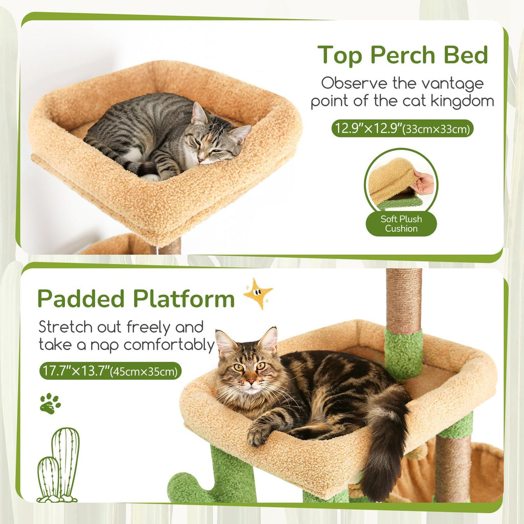 Globlazer 52in Cactus Cat Tree Tower for Indoor Cats, 2 Condos, S52, Green