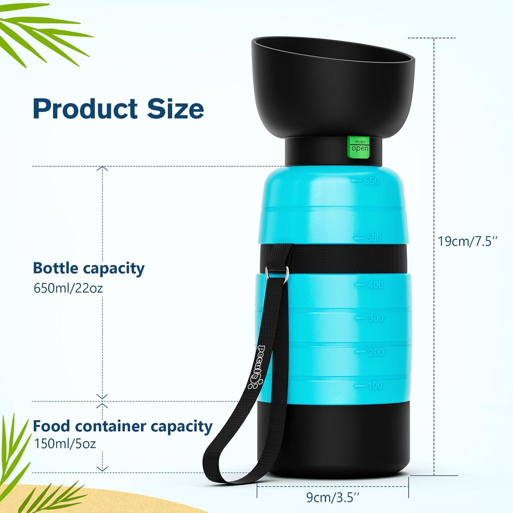 Pecute Upgraded 22 oz Dog Water Bottle with 5 oz Food Container, Portable Dog Travel Water Bottle Dispenser, Leakproof, BPA Free, Lightweight, Pet Water Bottle Bowl for Outdoor Walking Hiking Camping | Portable, Leakproof, BPA Free, Foldable bowl, Ligh...