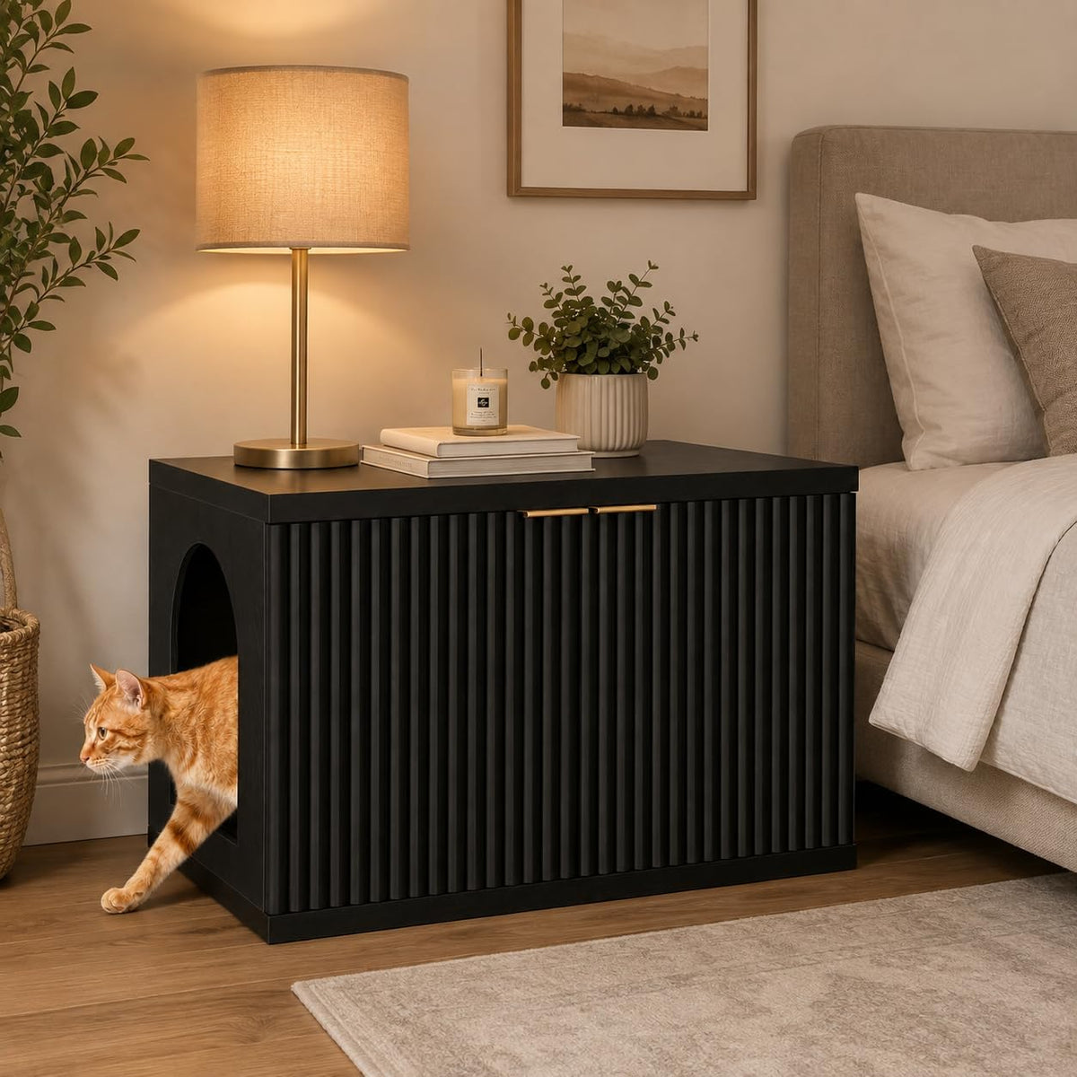 Homhedy Cat Litter Box Enclosure,Modern Fluted Accent,Black