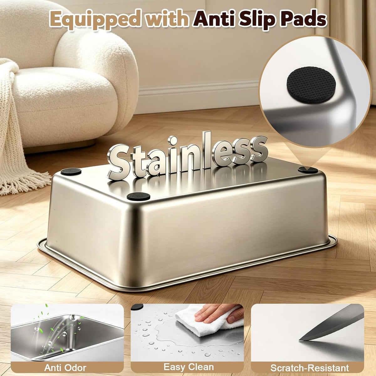 Stainless Steel Litter Box with Lid,Large Covered Enclosed Kitty Box,Enclosed High Sided Litter Box with Moveable Lid,Odor Free, Anti-Leakage with Litter Scoop for Kitty to Medium Cats(Grey)