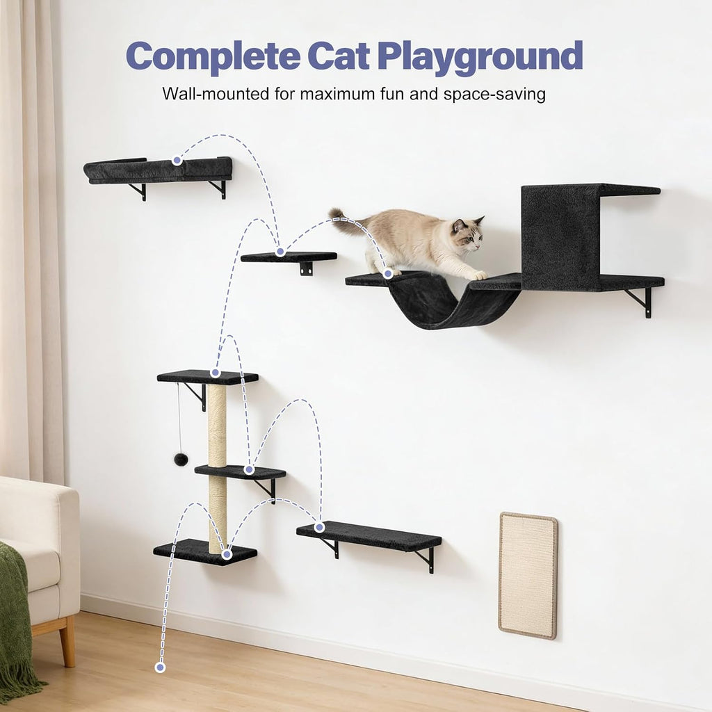 Cat Wall Shelves, Black, 6 in 1 Cat Furniture Set