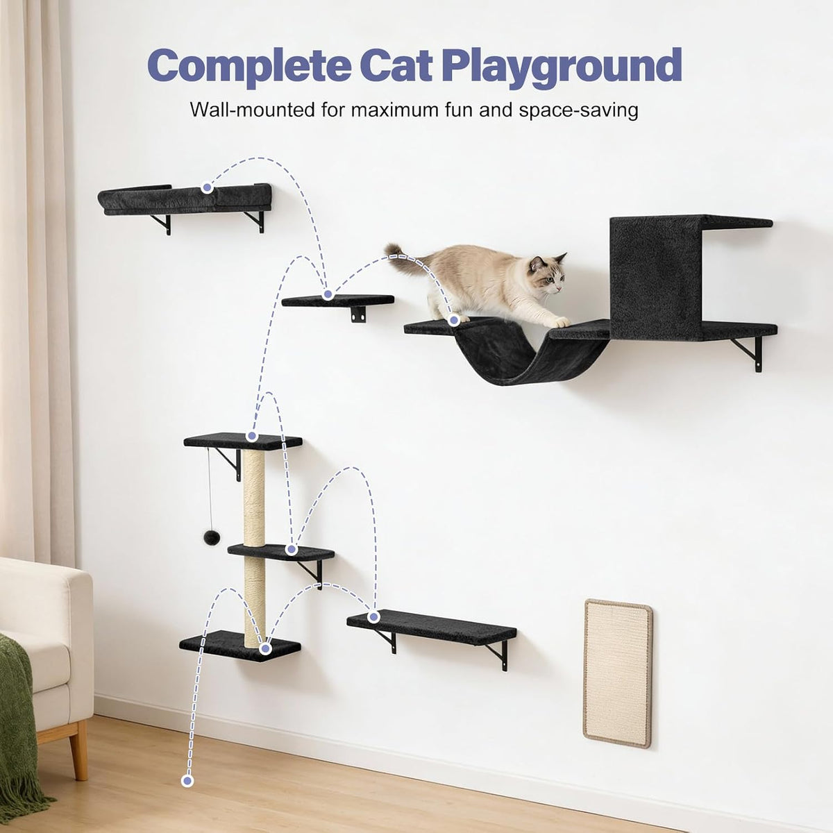 Cat Wall Shelves, Black, 6 in 1 Cat Furniture Set